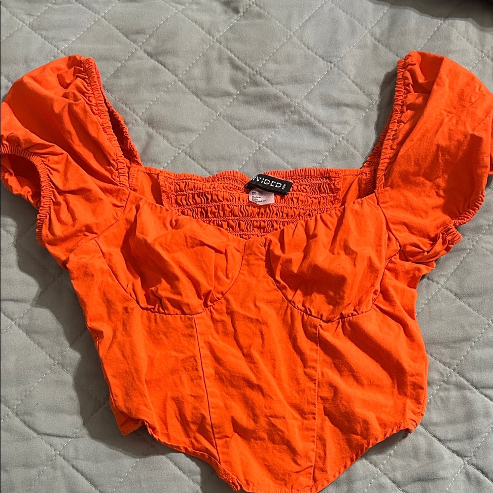 H&M Bright Orange Crop Top with Puff Sleeves